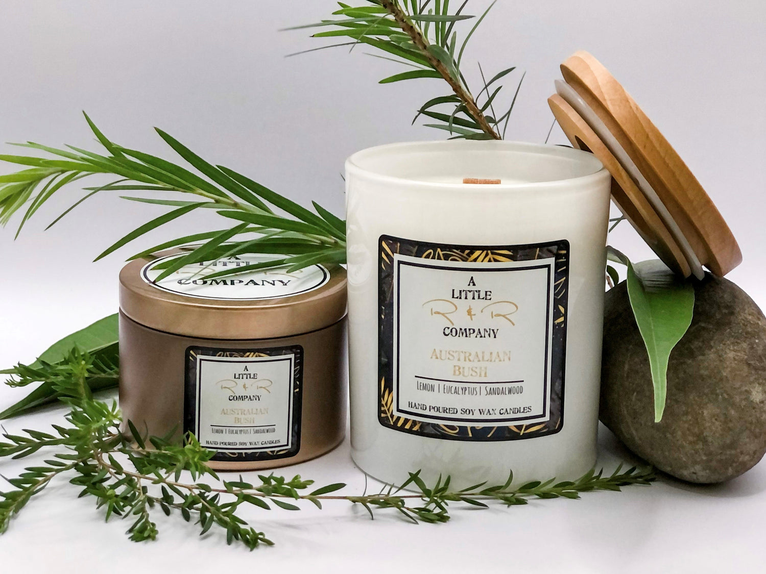 Australian Bush Soy Wax Candle surrounded by native plants and a boulder